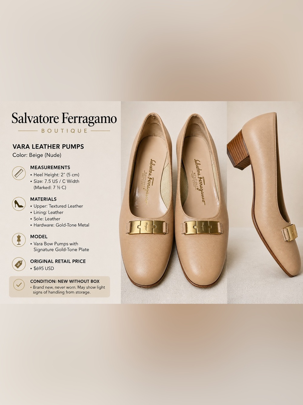 Salvatore Ferragamo Boutique Gancini Leather Block Heel Nude 7.5 C Made in Italy